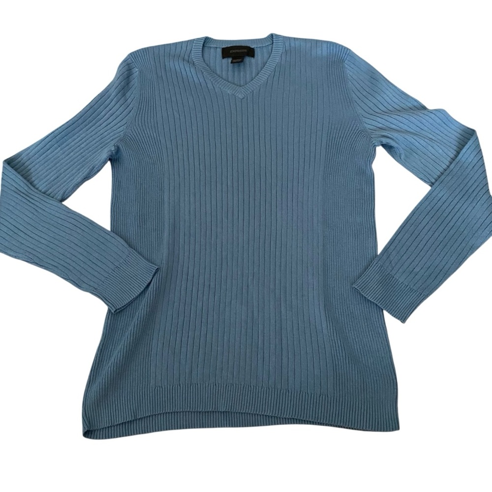 Express Women's Blue Long Sleeve Ribbed V-Neck Sweater Size S